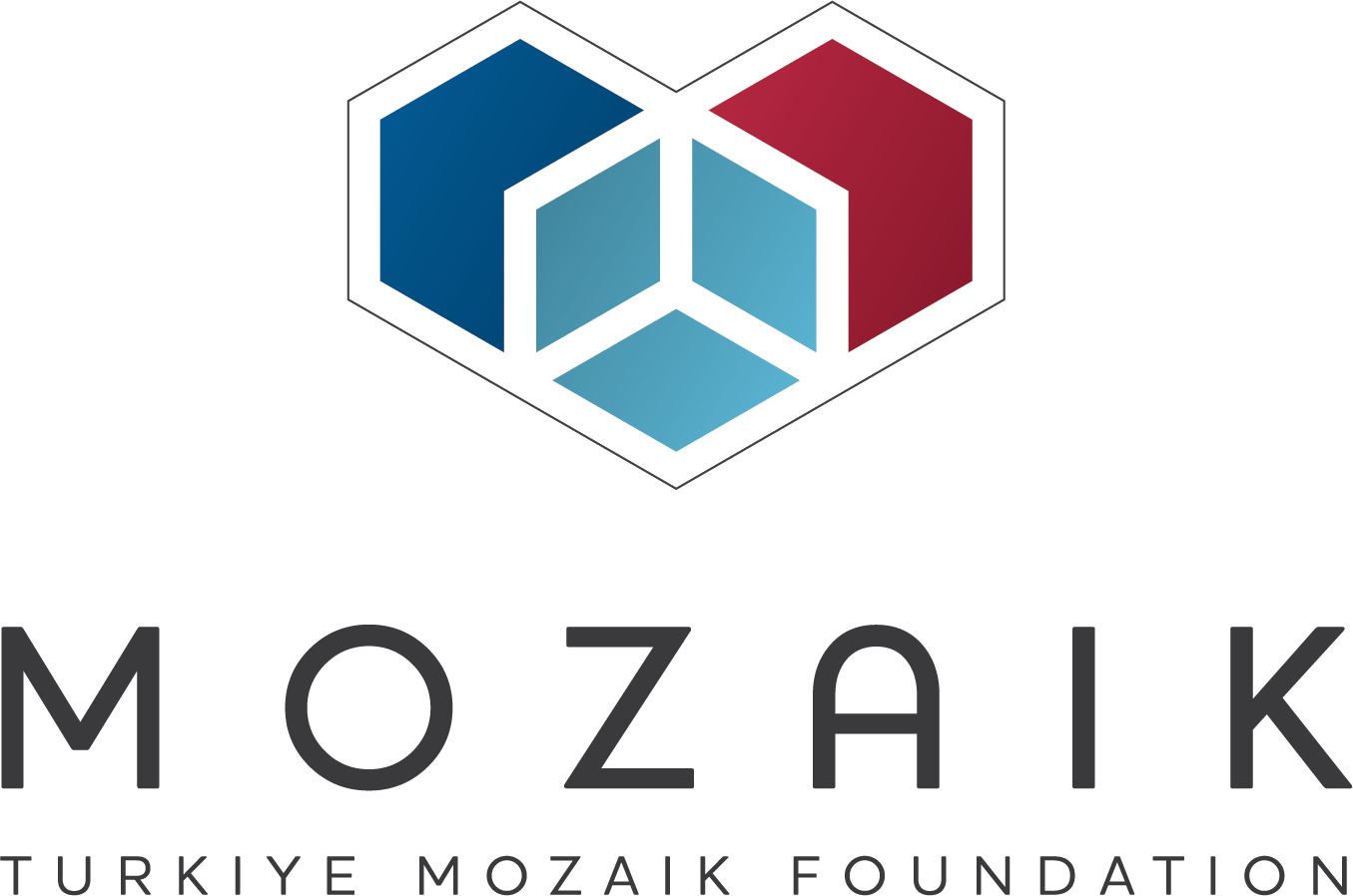 Türkiye Mozaik Vakfı (Mozaik Foundation) logosu: Üçgen biçimli kırmızı, mavi ve açık mavi renklerden oluşan bir kalp simgesi bulunuyor. Altında gri tonlu büyük harflerle “MOZAIK” ve daha küçük puntoda “Türkiye Mozaik Foundation” yazısı yer almakta.